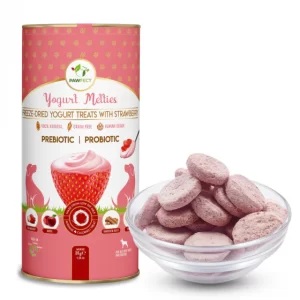Pawfect - Snacks FRESH FREEZE DRIED Yogurt Melties (Simbióticos: Pre & probióticos ) - Yogurte, Morangos, maçã, raiz bardana e papaya. INOVADOR! PAWFECT